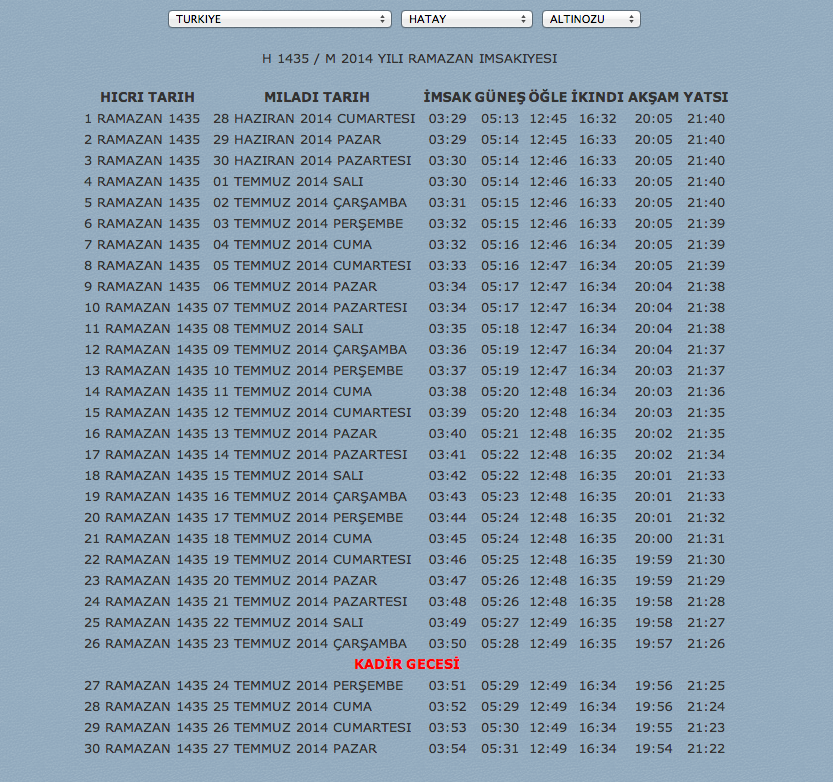 hatay oruc ve sahur imsak saat kacta imsakiye 2014 internet haber